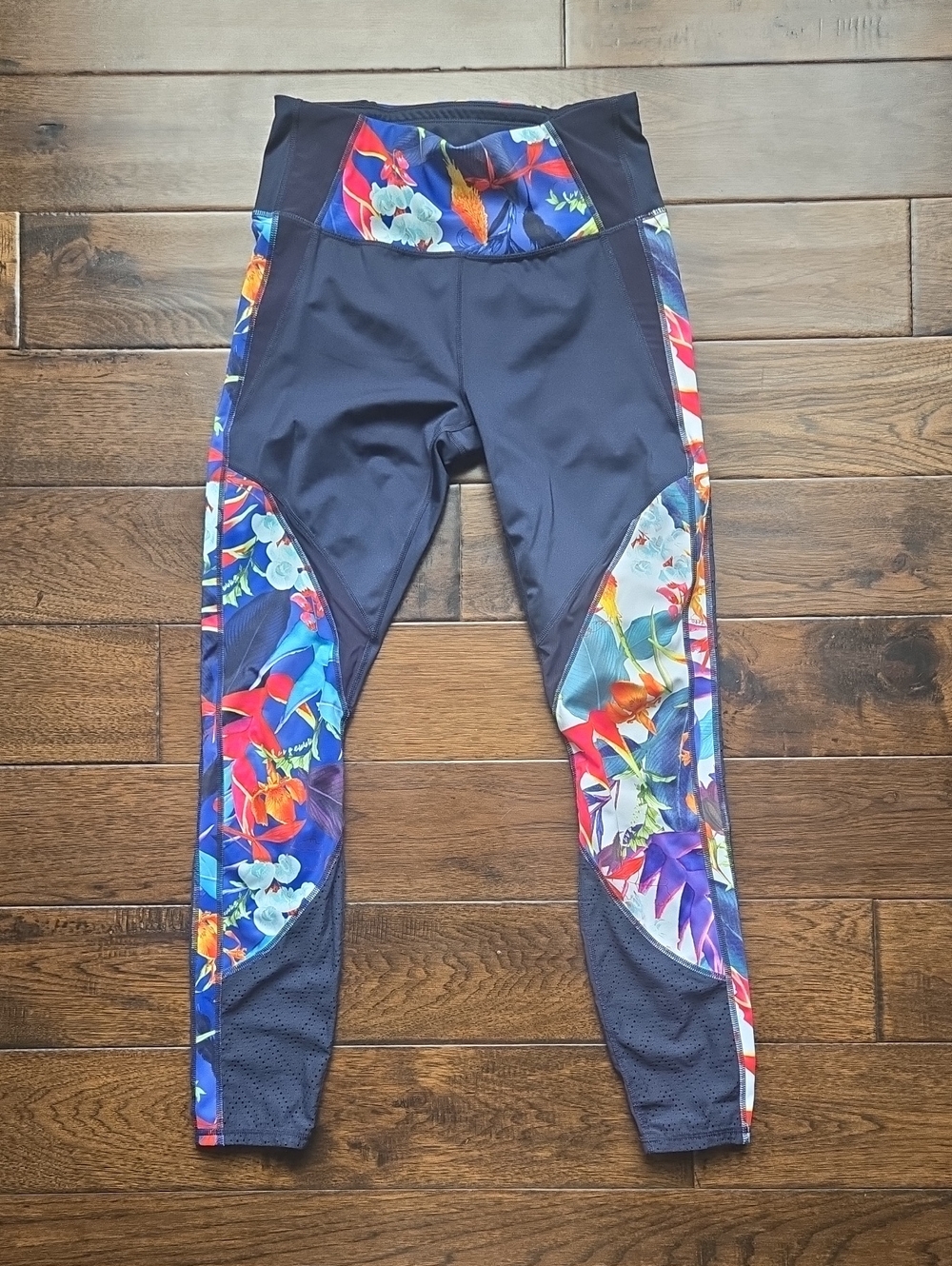 Athleta Navy Leggings with Bright Floral Panels - Medium TALL